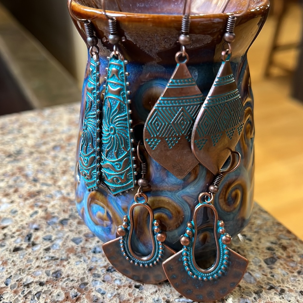 NWT Aqua Patina Bronze Colored Lightweight Dangle Hook Earrings